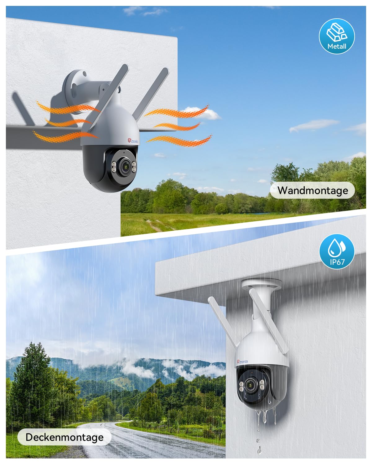 Ctronics 4K 8MP Überwachungskamera Aussen WLAN, PTZ Kamera Outdoor mit Personen/Fahrzeug/Tiererkennung & Auto-Tracking, 2,4/5GHz WLAN, 4K Farbnachtsicht, FTP&NVR, 256GB TF/Cloud/PC, IP66/Metal