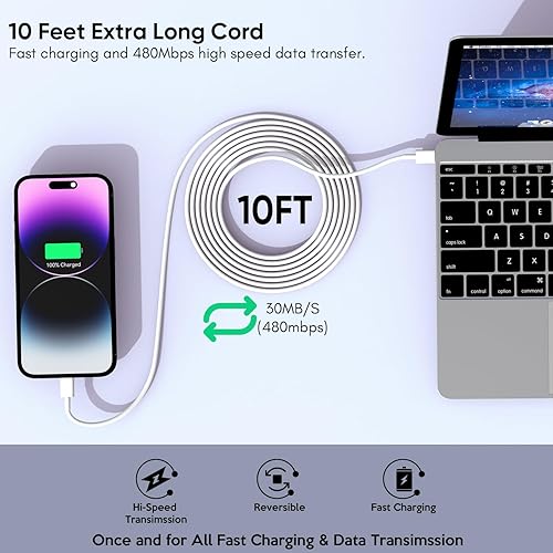 Miniatura 4 de Cargador rápido para iPhone de 10 pies, certificado Apple MFi Paquete de 2 cargadores rápidos PD Dual Apple, bloque de carga USBC de 10 pies, cable