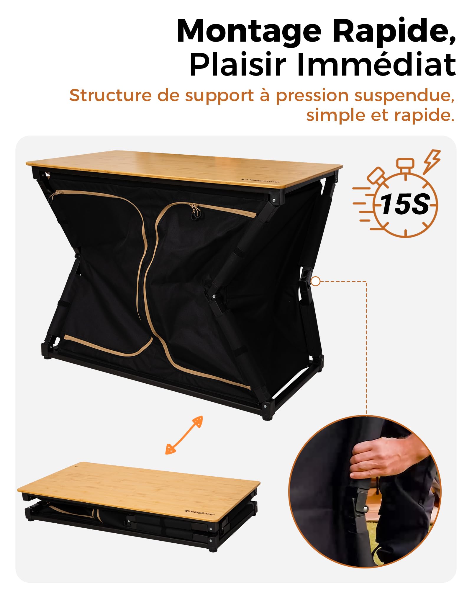 KingCamp Cuisine de Camping Pliable et Portable Meuble Cuisine Outdoor en Bambou/Aluminium avec Rangement, Paravent et Support Lampe, Évier Intégré, Idéal pour Vanlife, Camping, Pique-Nique et BBQ