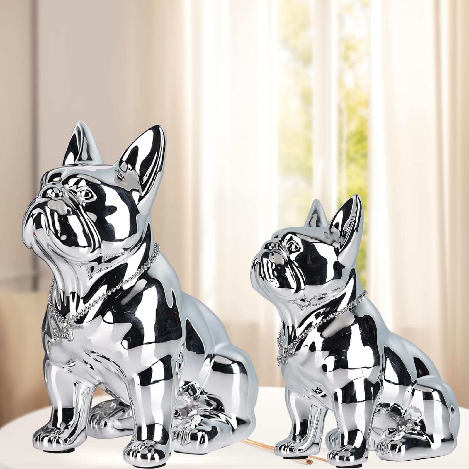 XYQXYQFrench Bulldog Statue,Silvery Pug Resin Sitting Dog Statue, English Bulldog Home Decoration Sculpture - Image 2