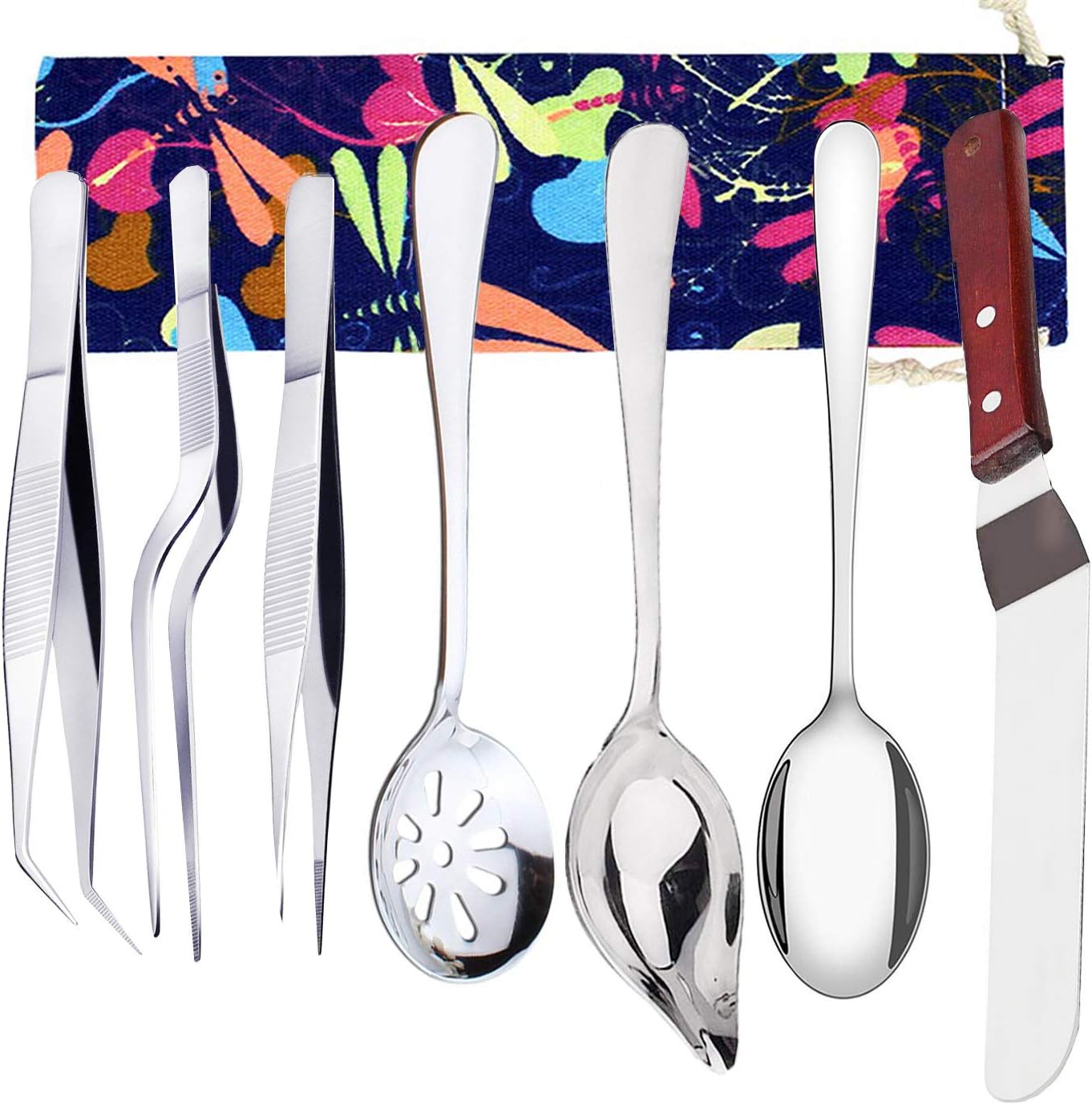 Set of 7 Culinary Specialty Tools, Professional Chef Plating Decorating Kit, Stainless Steel, TuNan Cooking Tweezers Precision Tong, Saucier Decorating Spoon, Serving Slotted Spoon, Cake Icing Spatula