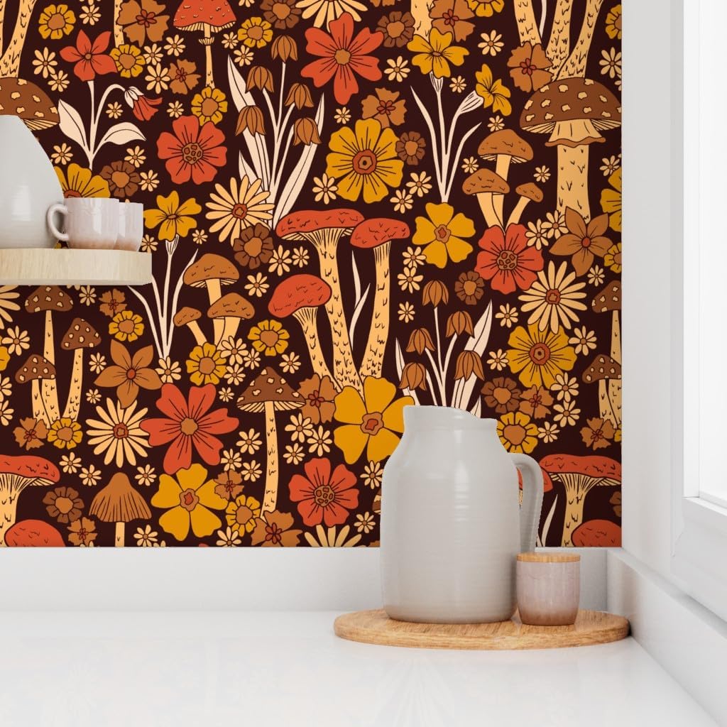 Peel & Stick Wallpaper 6ft x 2ft - Vintage Style Flower,Floral Retro,1970s Hippie,70s Mushroom,Brown Orange Custom Removable Wallpaper by Spoonflower