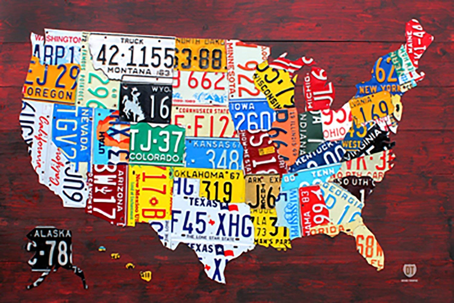 Laminated License Plate Map of The United States Poster 36 x 24in