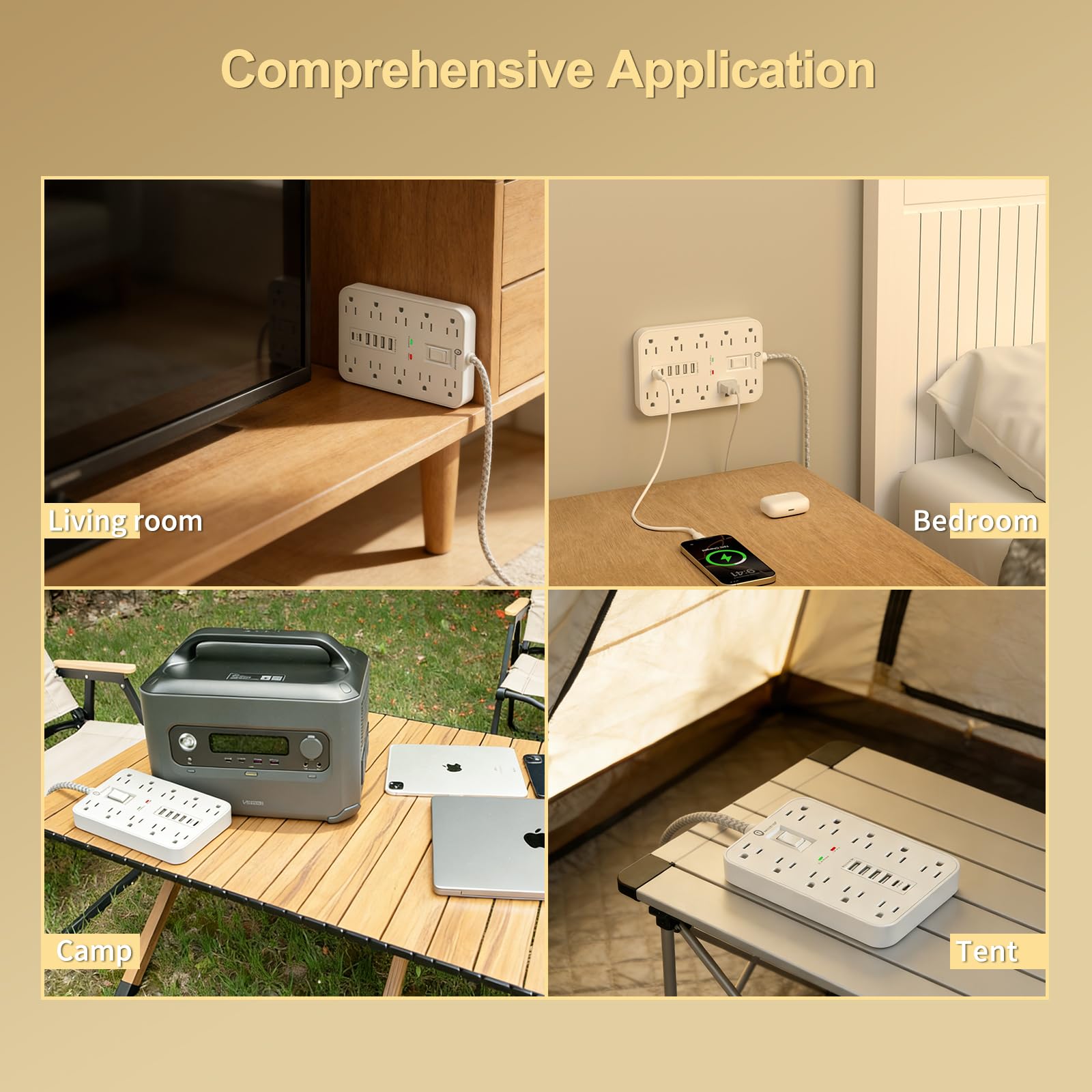 Overtop - Protector de sobretensión, cable de extensión trenzado de 5 pies, enchufe plano, 10 salidas ampliamente espaciadas con 6 puertos USB (2 USB C), estación de carga de computadora