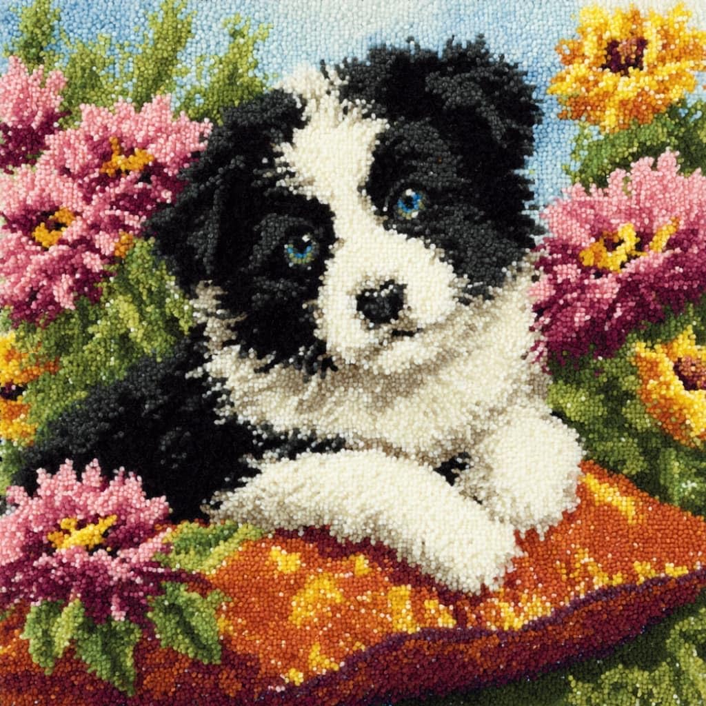 Taxpy Kit Pre-Printed Hook and Latch Rug Kits Border Collie Latch Hook Cushion Kit for Adults Beginners Cross-Stitch Embroidery Cushion Cover for Home Sofa Decoration 17X17 Inch