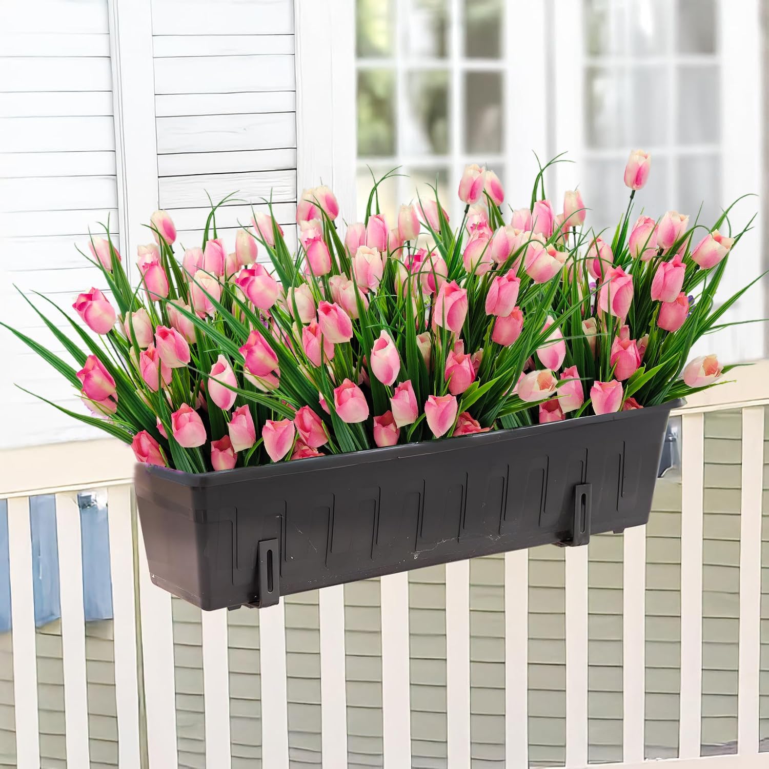 12 Bundles 60 Heads Artificial Tulips Fake Flowers Outdoor UV Resistant Silk Tulip Faux Plastic Greenery Shrubs Plants for Outside Planter Porch Garden Patio Decor (Pink)