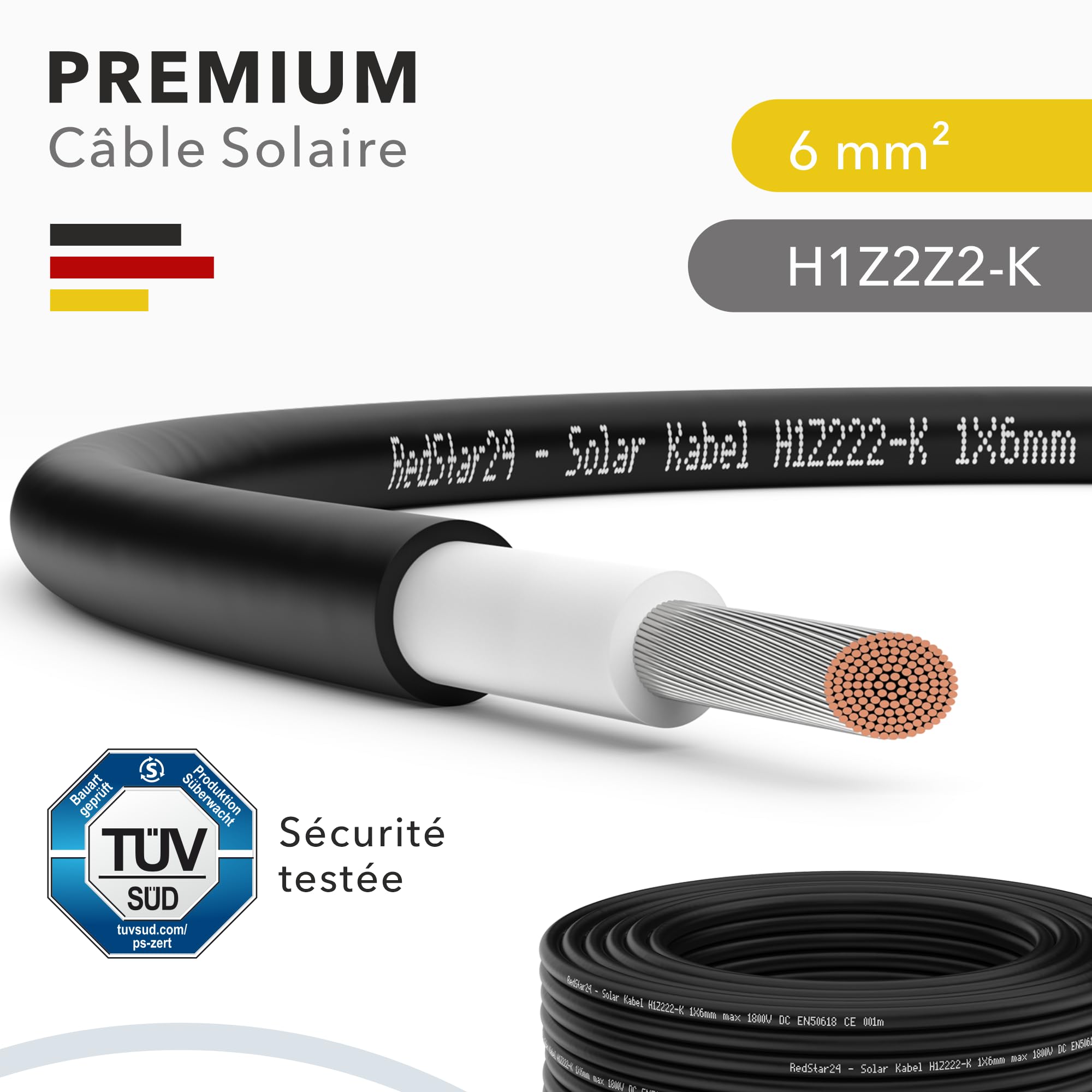 RedStar24 Câble Solaire Premium 6mm² Noir 10m - Résistant aux UV, Flexible, Photovoltaïque, PV pour Panneaux Solaires, Onduleurs & Régulateurs de Charge