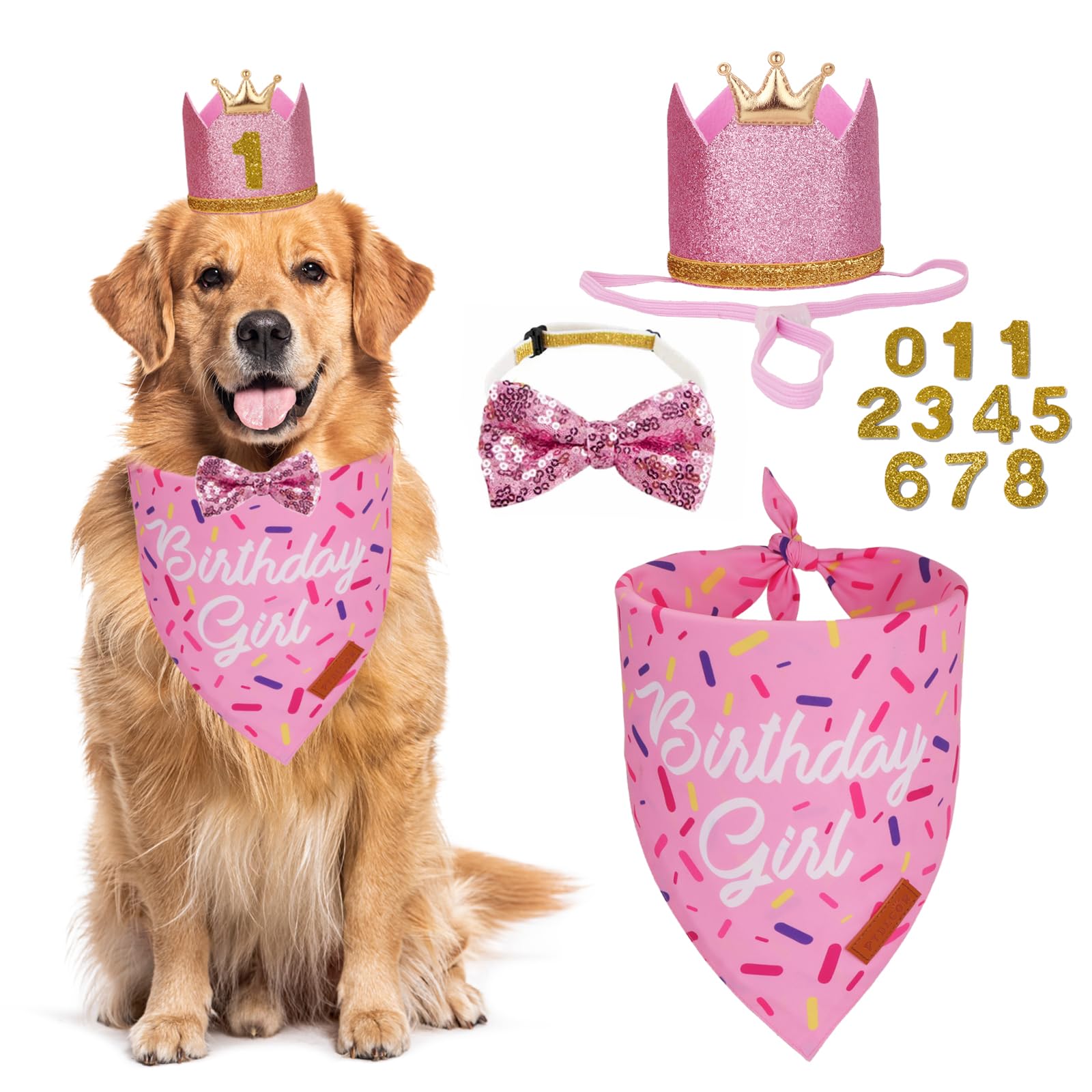 PTDECOR Dog Birthday Party Supplies Multi Size Birthday Girl Bandana Pink Crowns Hat Set for Large X-Large Pets