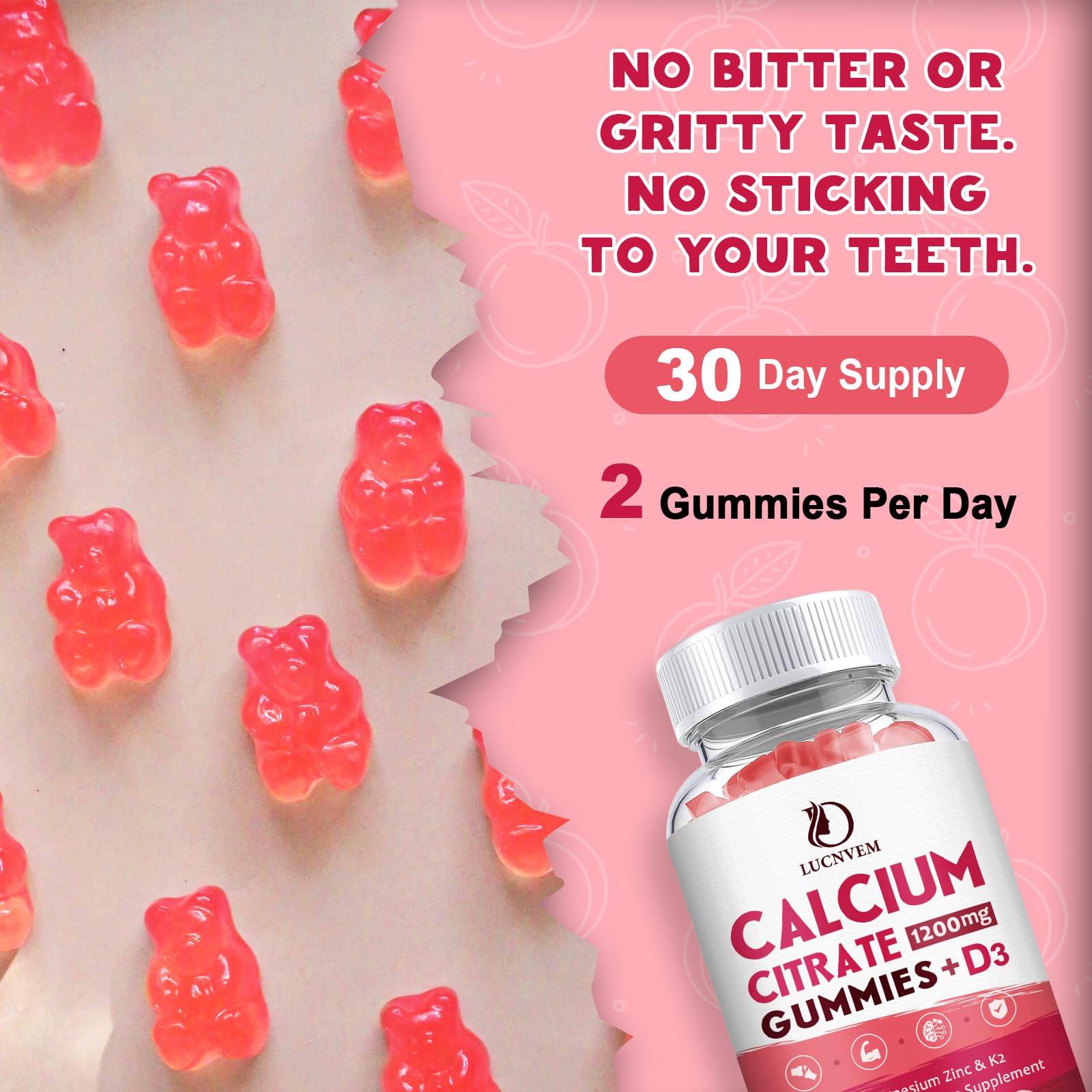 Calcium Citrate 1200mg with Vitamin D3 Gummies, Calcium Gummies with Vitamin D3 for Women & Men, Cal Magnesium Zinc for Bone Muscle Healthy- Natural White Peach Flavor- 30 Day Supply — Amazon image 3