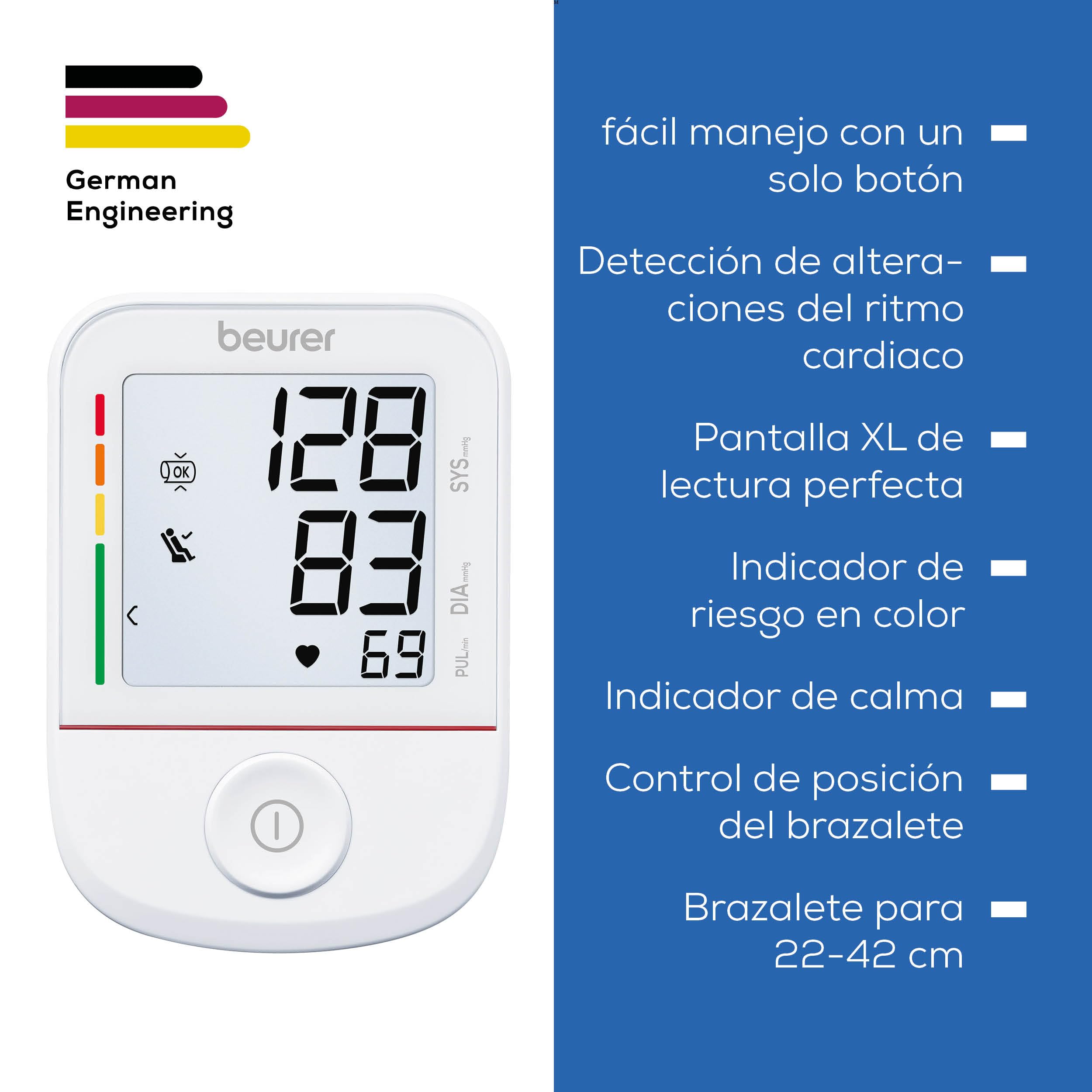 Beurer BM 38 Tensiómetro de brazo, manejo sencillo con un solo botón, medición precisa, detección de arritmias, pantalla XL, brazalete de 22-42 cm, Transferencia de datos a Apple Health