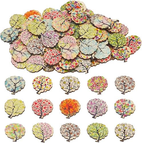 Miniatura 6 de AKOAK 50 botones de madera, coloridos botones de costura con estampado de madera de 2 agujeros, lindo botón pintado de flor de conejo, para