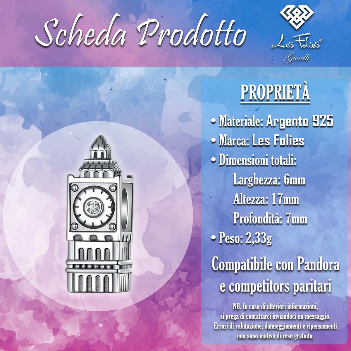 Charm Big Ben Inglés Londres Monumento Inglaterra reloj colgante de plata 925 - Les Folies para Pandora, Plata de ley, Circonita cúbica