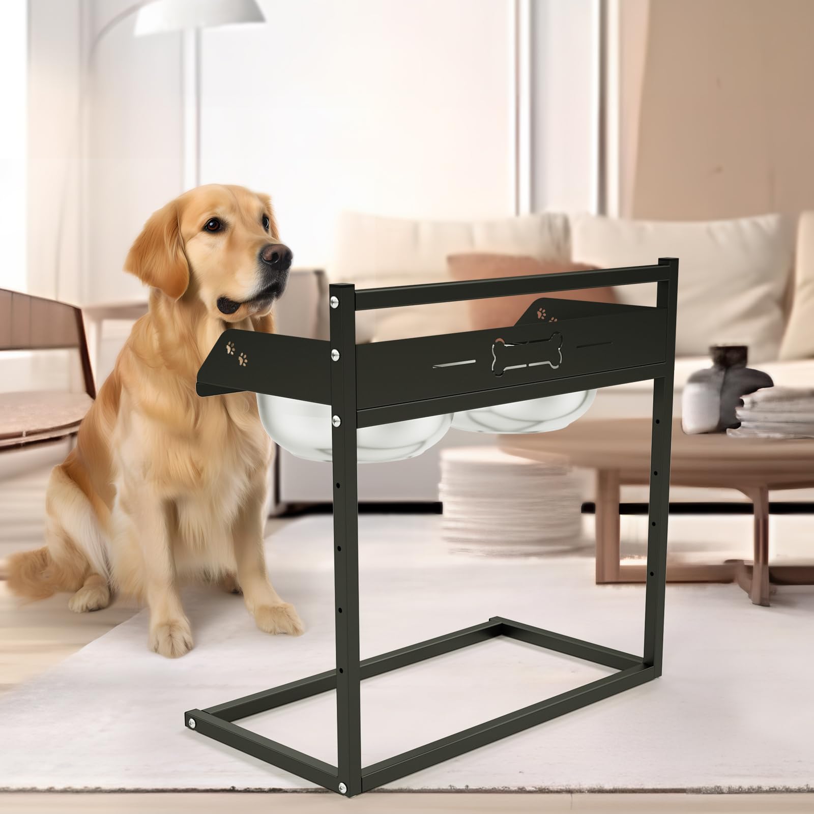 Comedero Elevado para Perros con Cercar de 7cm, Altura Ajustable en 5 Niveles, 2 Recipientes de Acero Inoxidable (3L x 2), Soporte Estable Comederos de Raza Gigante, Grande y Mediano