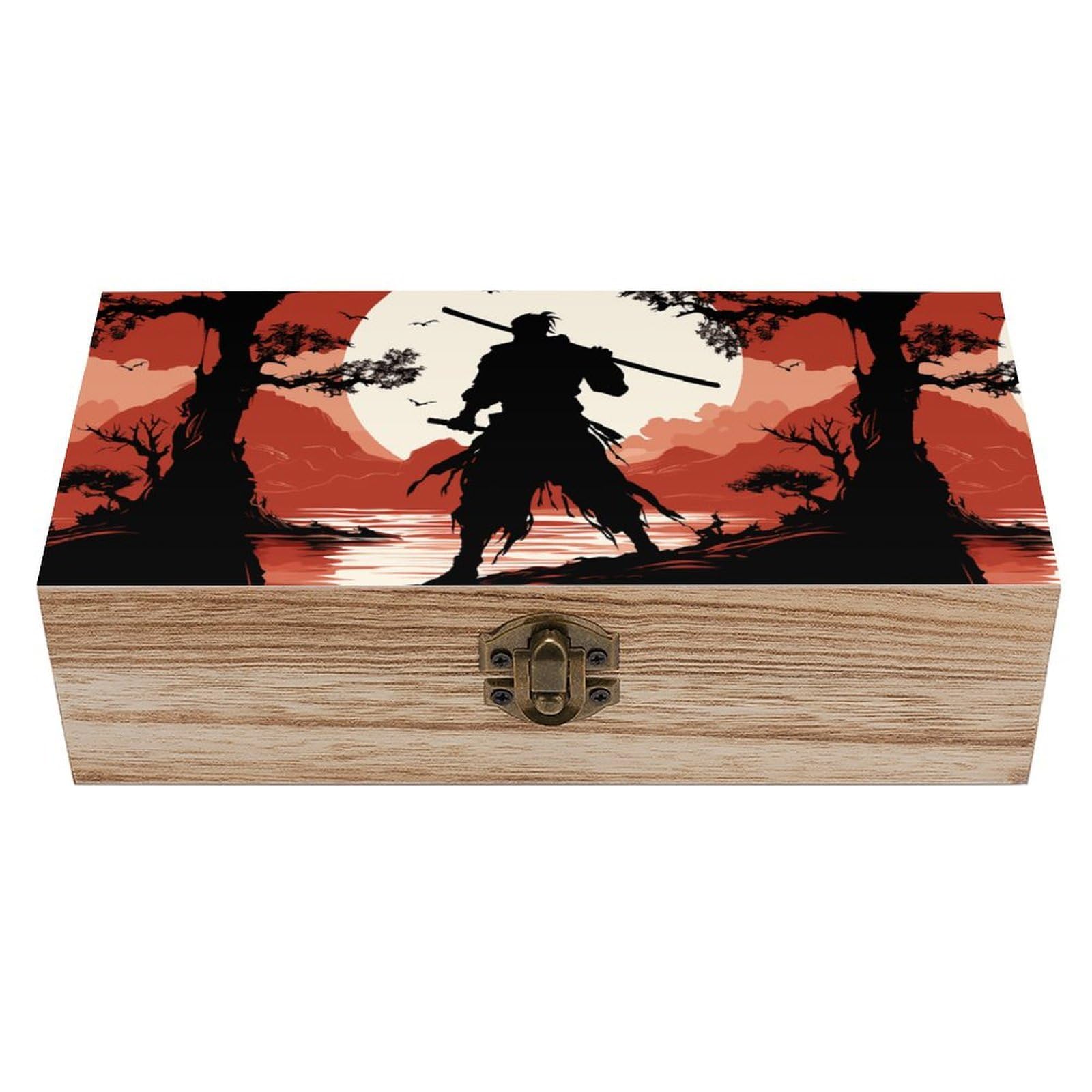 KLOPH Wooden Storage Box Samurai Wood Gift Box with Hinged Lid Vintage Decorative Jewelry Boxes Memory Box for Jewelry Art Hobbies Home Storage Treasure Keepsake Gift 7.9''x3.9''x2.3''