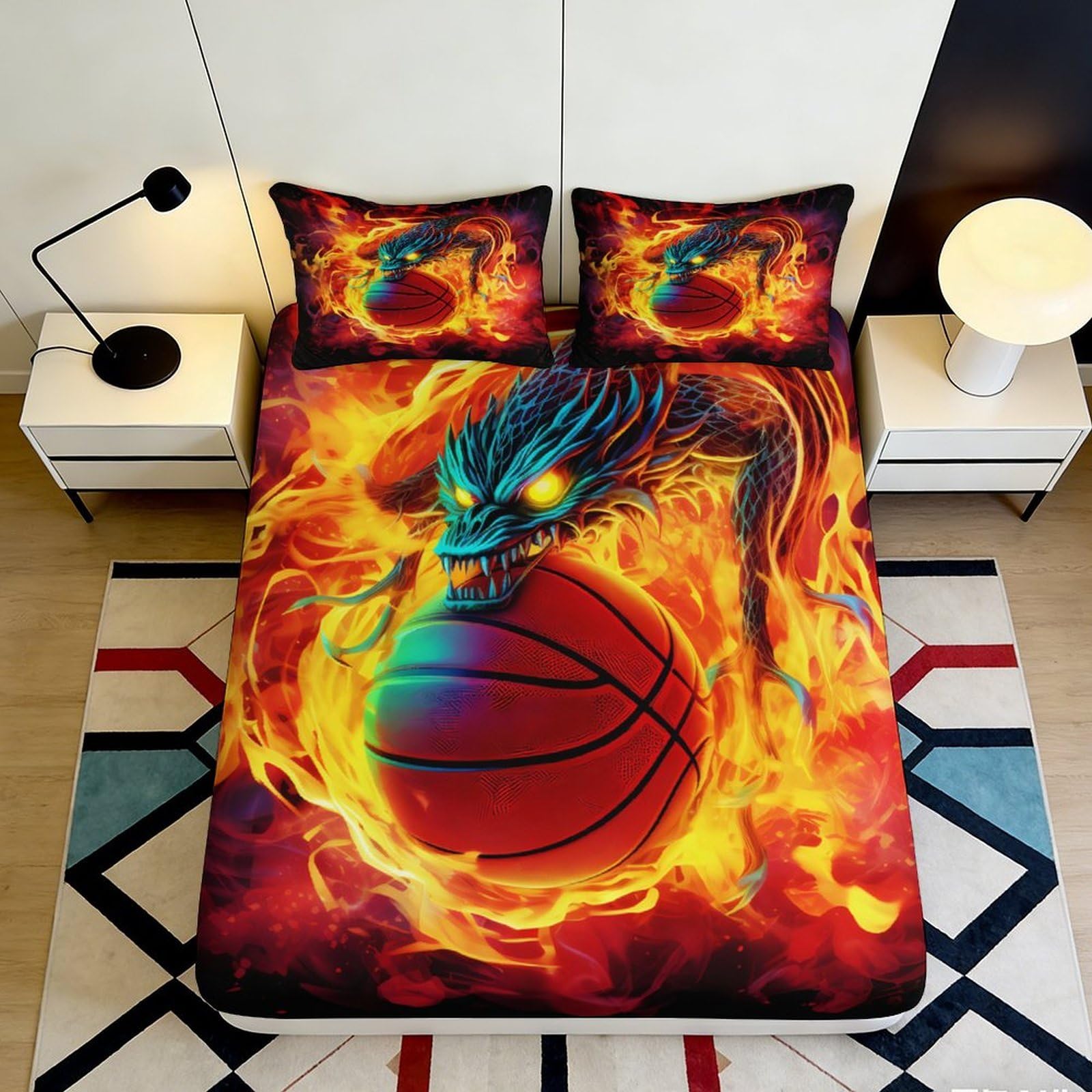 3D Printed Fiery Dragon Fitted Sheet Microfiber Soft Breathable Basketball Bed Sheet for Bedroom Dorm Mattress Protection Decor 90x200x25cm