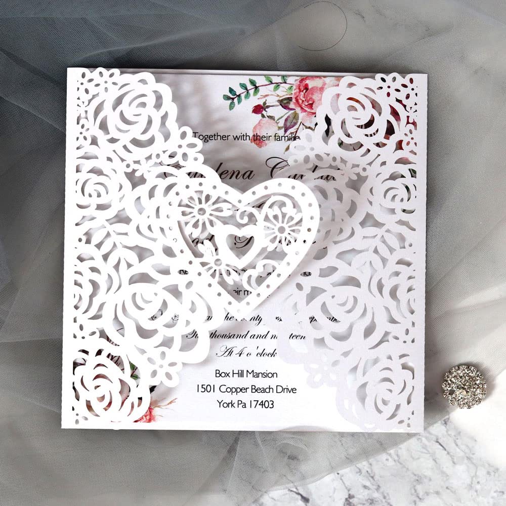 Invitations de mariage découpées au laser blanc 50 paquets avec cartes vierges