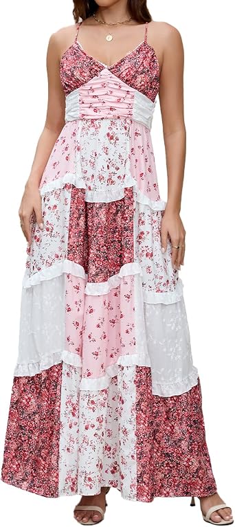 Women Floral Maxi Dress Spaghetti Strap V Neck Patchwork Bohemian Flowy Dresses Summer Fall