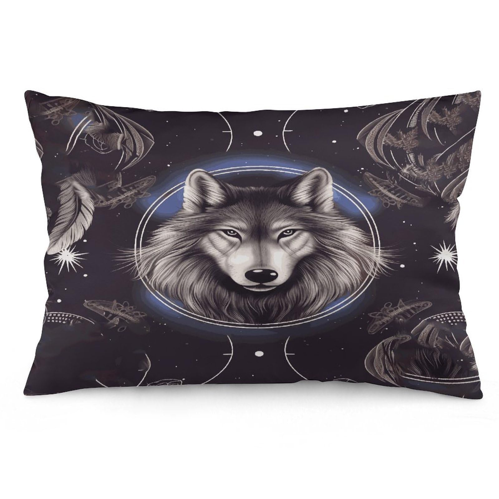 Wolves and Dream Catchers Throw Pillow Covers with Silent Zipper Polyester Pillow Protectors Removable Pillow Cases Soft Pillowcase Cozy Pillow Sham Cushion Cover for Sofa Car Bed 12 "x20