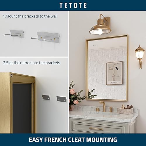 Miniatura 4 de TETOTE Espejo de baño dorado cepillado de 16 x 24 pulgadas, espejo rectangular con marco dorado para sobre el fregadero, moderno espejo de pared