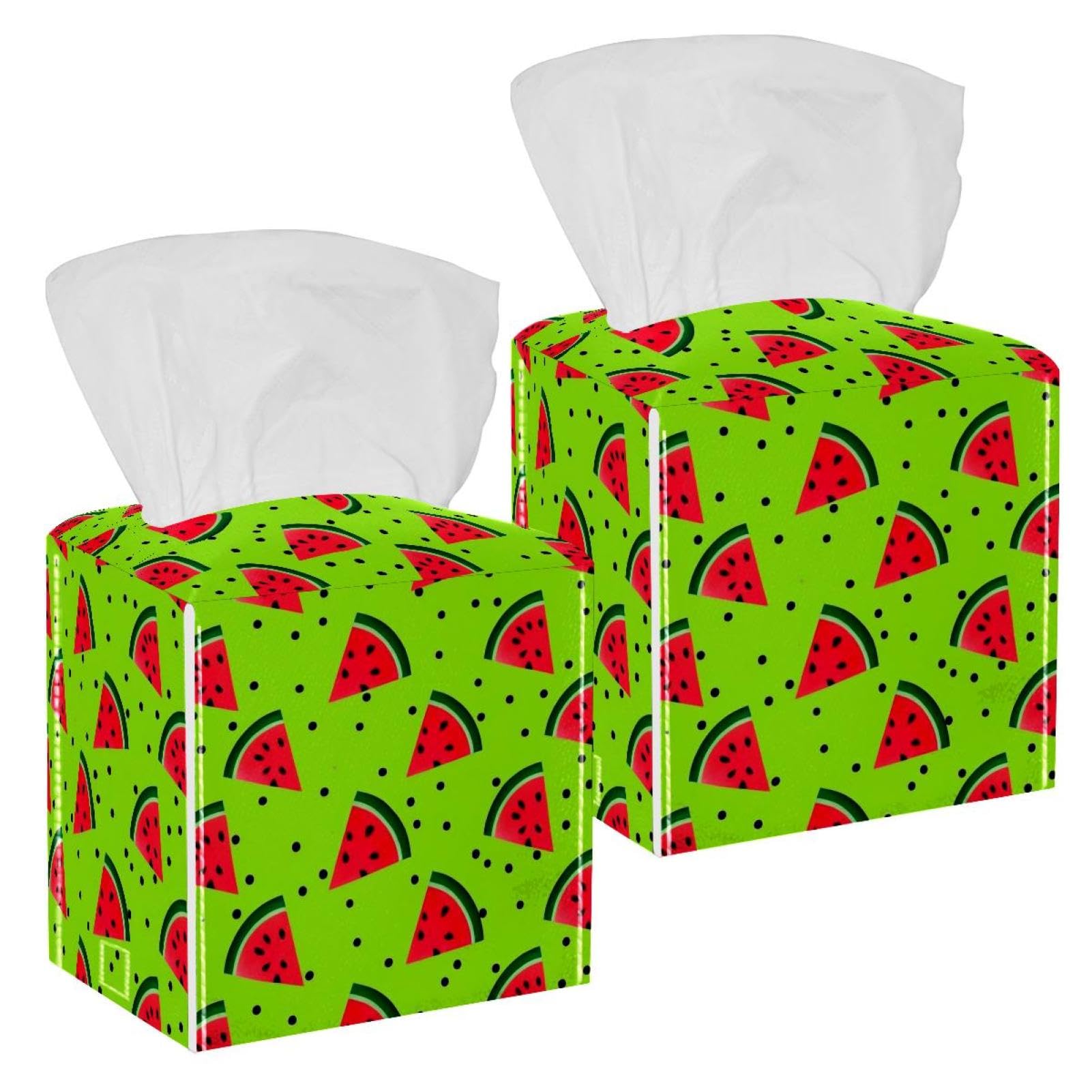 Watermelon Tissue Box Cover, 2 Pack PU Leather Square Facial Tissue Dispenser Box holder for Home Office Car