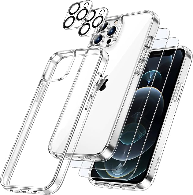 JETech [3 in 1] Case for iPhone 12 Pro Max 6.7-Inch, with 2-Pack Screen Protector and Camera Lens Protector, Non-Yellowing, Full Coverage Tempered Glass Film, Shockproof Bumper Phone Cover (Clear)