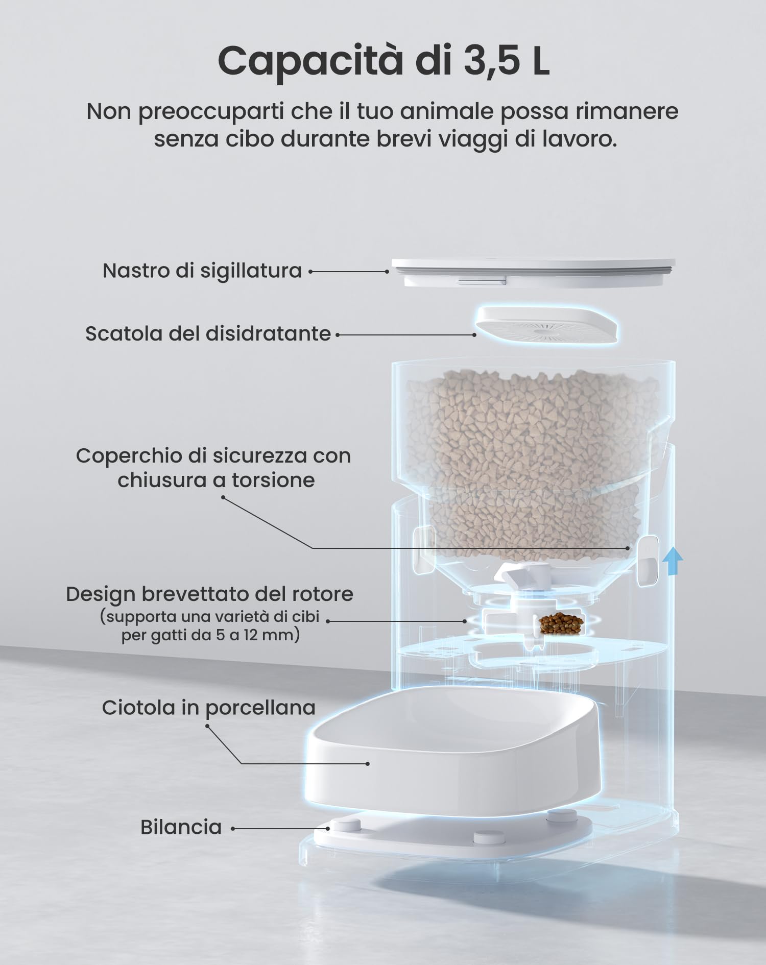 PETGUGU Distributore Automatico Cibo Gatti, Dispenser Crocchette Gatto con Timer, Distributore Smart con Controllo APP e Interazione Video/Voce, Ciotole in Ceramica Rimovibili per Gatti e Cani, PF2