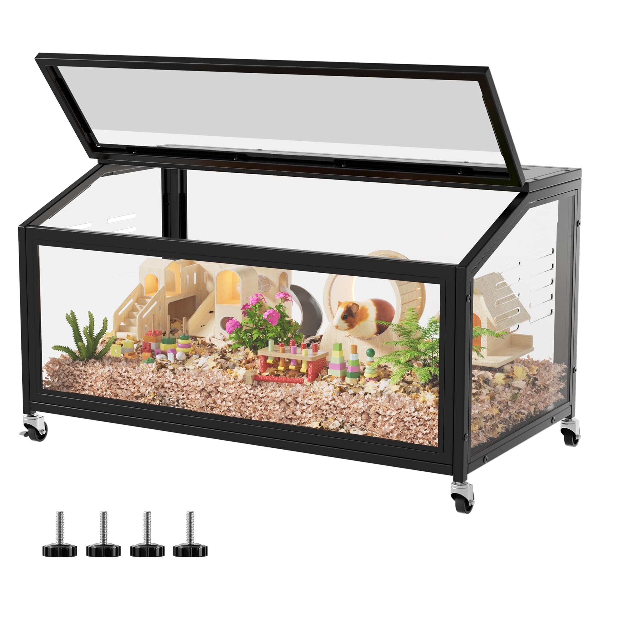 MSFE Jaula Grande para Hámster con Ruedas, 100x51x50cm Metal Espaciosa Hábitat para Animales,Hábitat Transparente para Hámster con Vista de 360°,para Hámsters Enanos Jerbos y Animales Pequeños