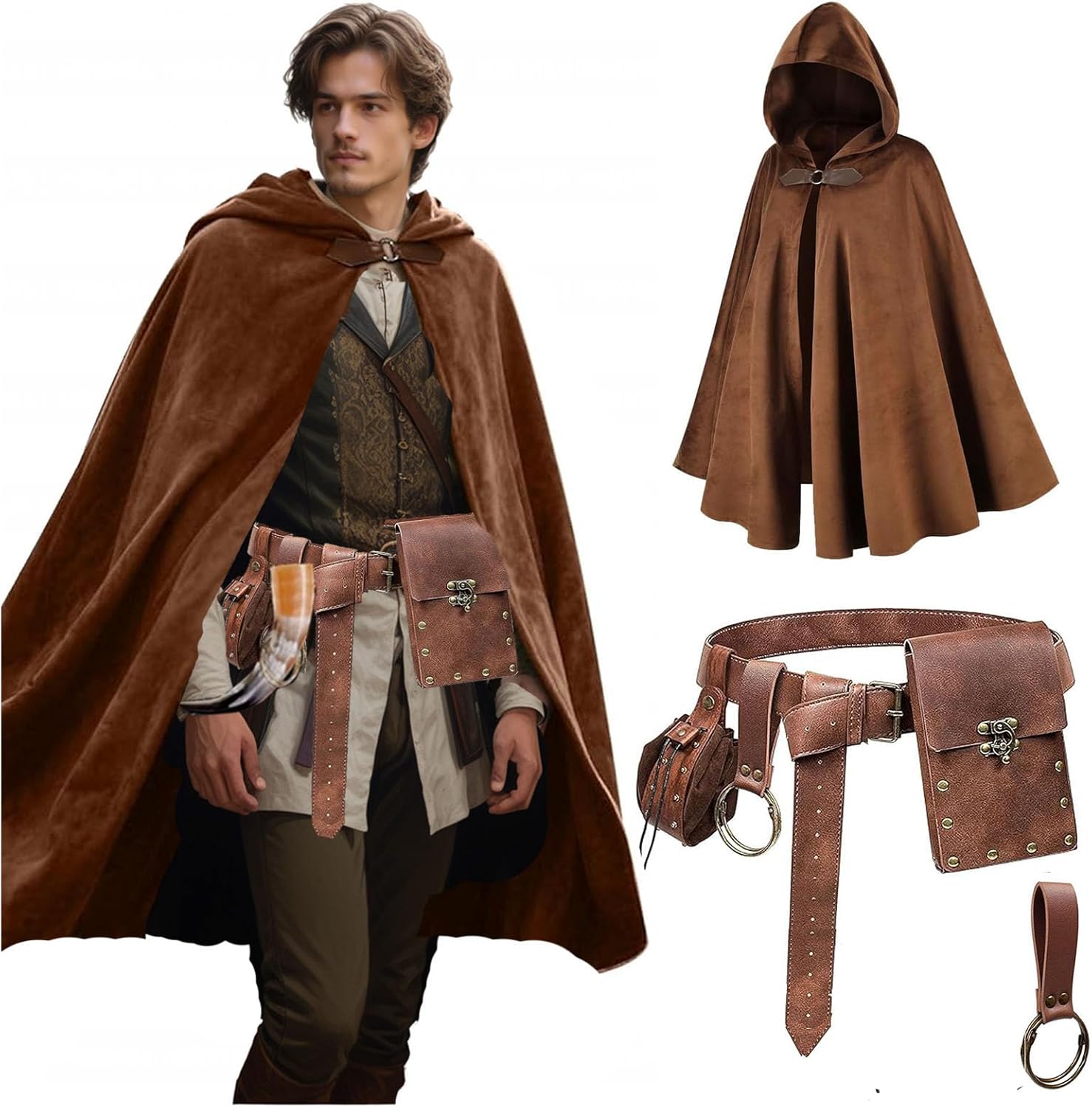 Medieval Hooded Cloak Cape, Renaissance Costume Set with Belt Pouch, Velvet Hood, Halloween Cosplay