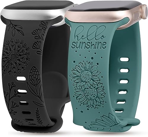 Minyee Paquete de 2 correas grabadas florales compatibles con Apple Watch Band de 384041424445461.929 in para mujer, bonita correa de silicona suave