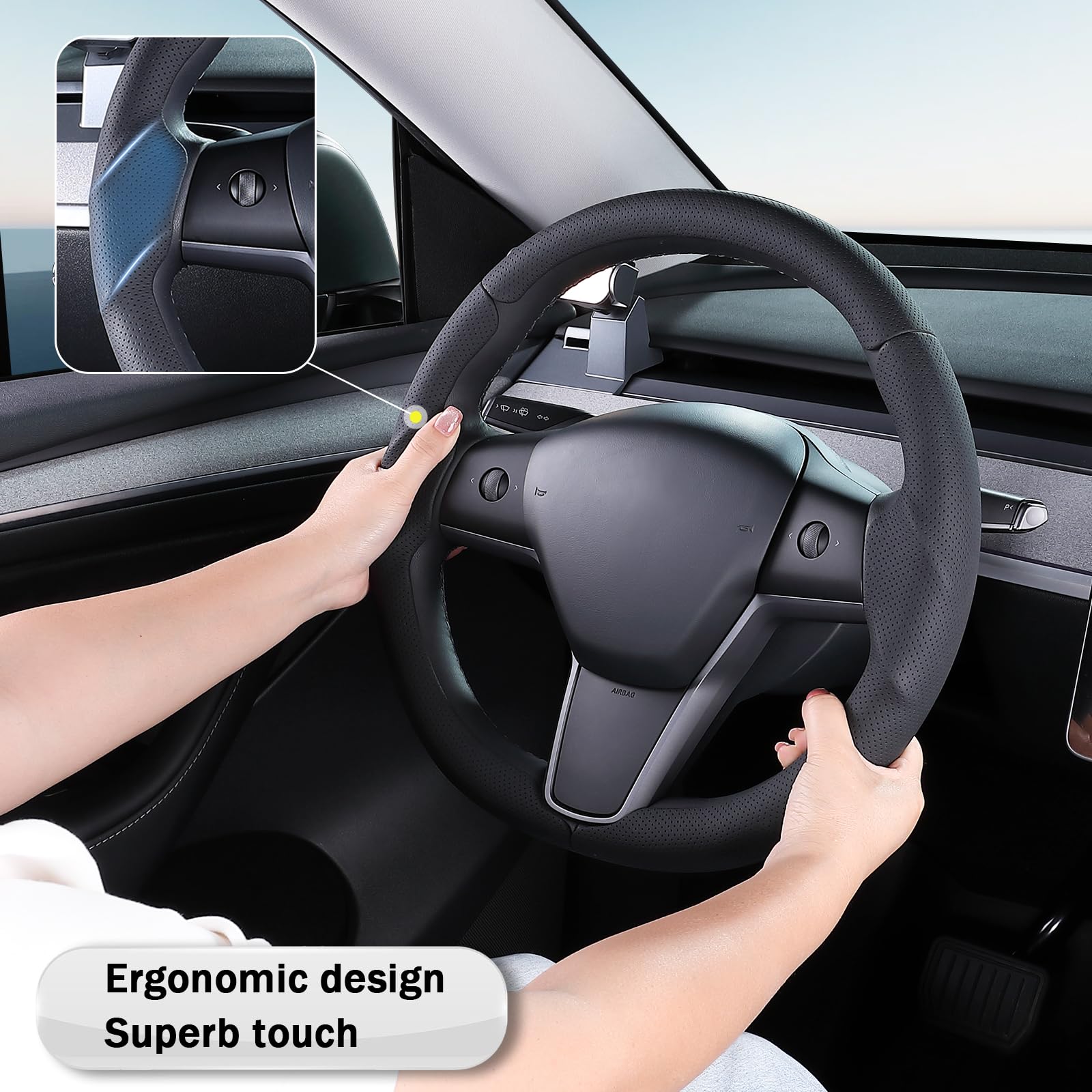 Funda de Volante para Tesla Model 3 2020-2024 Tesla Model Y 2017-2023, Funda de Cuero para Volante para Tesla Model 3/Y, Accesorios Color Negro | Funda de cuero para volante para Tesla Model 3/Y, accesorios color negro