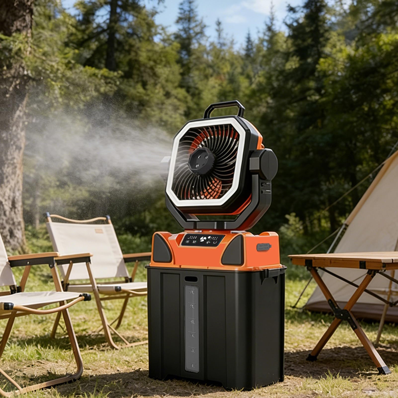 Ventilateur Brumisateur Portable 6 L pour Terrasses Extérieures, Ventilateur de Camping Rechargeable 20 000 MAh, Télécommande et Lumière LED pour les Activités de Tente en