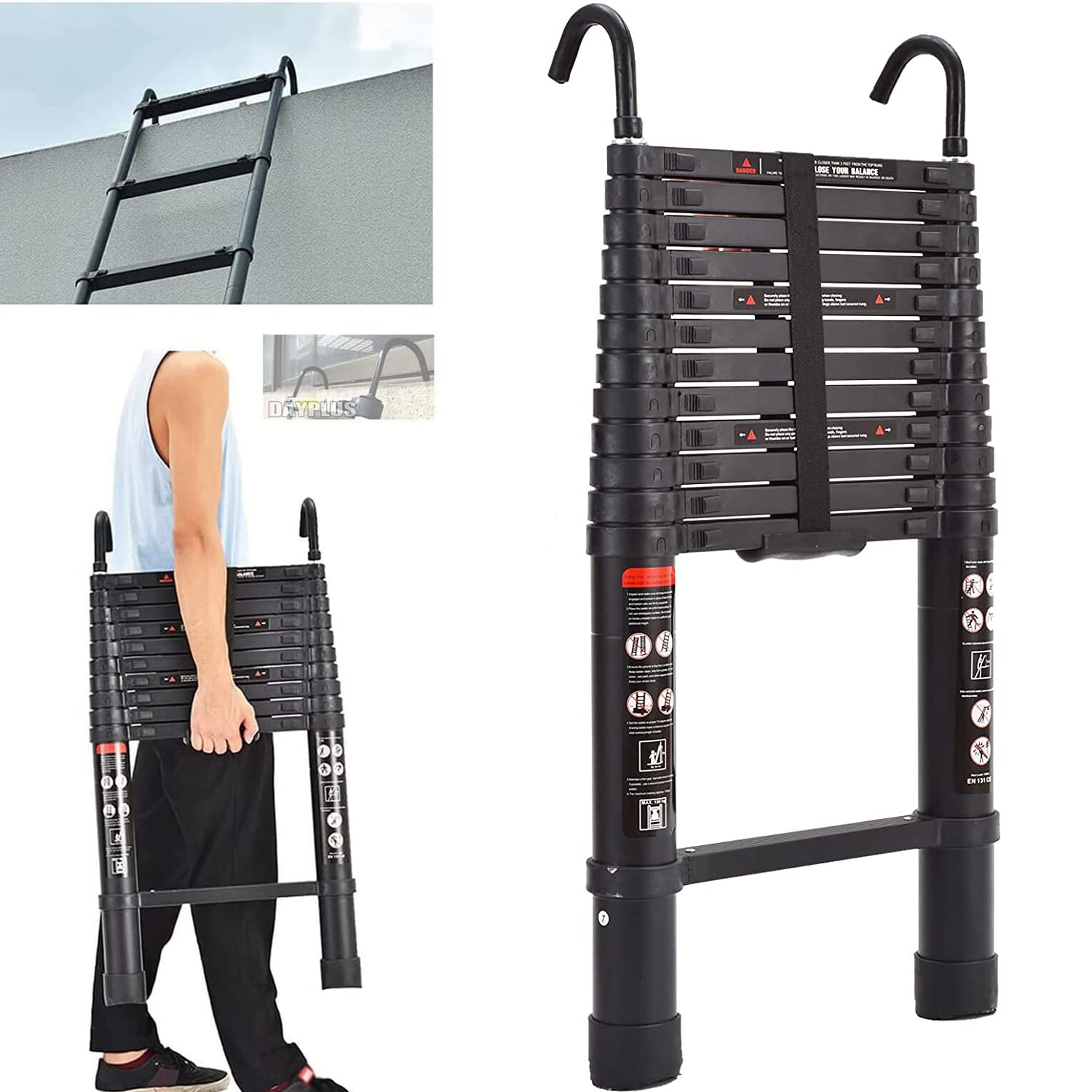 Telescopic Ladder 3.8M / 12.5FT Multi-Purpose Aluminium Loft Ladder Extendable with Hooks, Collapsible and Portable, Max Load 150kg/330lb, Adjustable Step, EN131 (3.8m)
