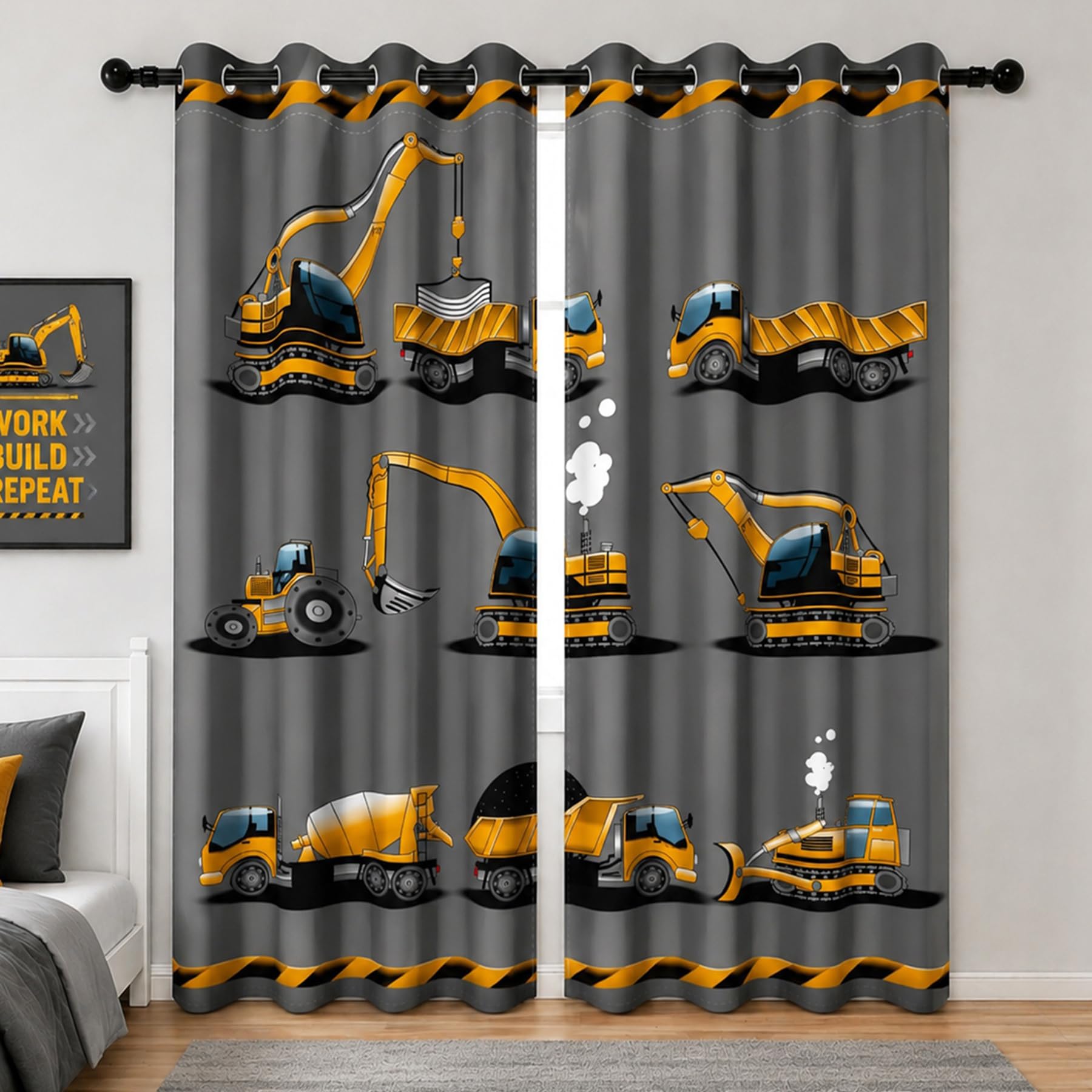 YONGFOTO Rideaux Occultants Camions Chambre d’Enfant Garçon Jaune Chantier | Véhicules Voiture Tracteur Camion Bulldozer Rideaux Thermiques pour Chambre d’Adolescent avec Œillets 2 Panneaux 117 x 138 cm