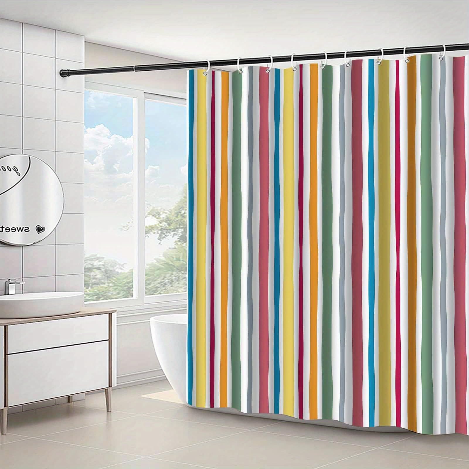 Zasłona prysznicowa w tęczowe paski, kolorowe pionowe paski do dekoracji łazienki, haczyki w zestawie (200 x 220 cm/wysokość)