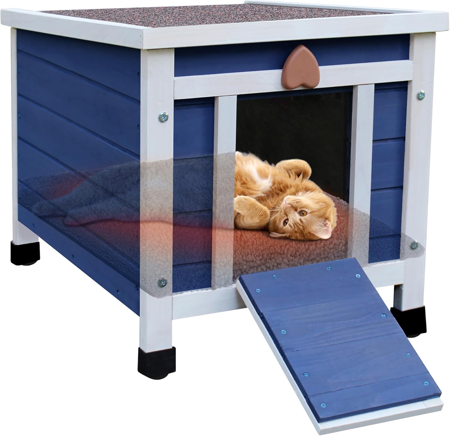 Deblue Outdoor Cat House with Self-Warming Mat, Weatherproof Cat House for Feral Cat, Cat Houses for Outdoor Cats (Blue House with Mat)