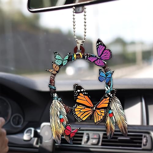 Talataca Mariposa nativa círculo atrapasueños indígena indio bohemio 2D plano espejo retrovisor de coche accesorios de árbol de Navidad decoración