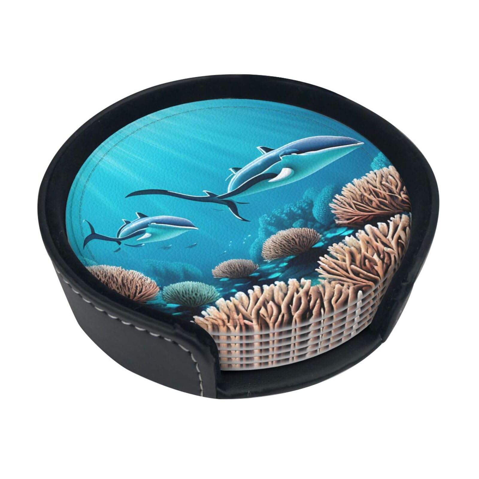 Cntdbu White Deep Sea Whales Leather Coasters Set Of 6-Pu Leather Drink Mats For Table, Heat Resistant Round Coasters With Holder
