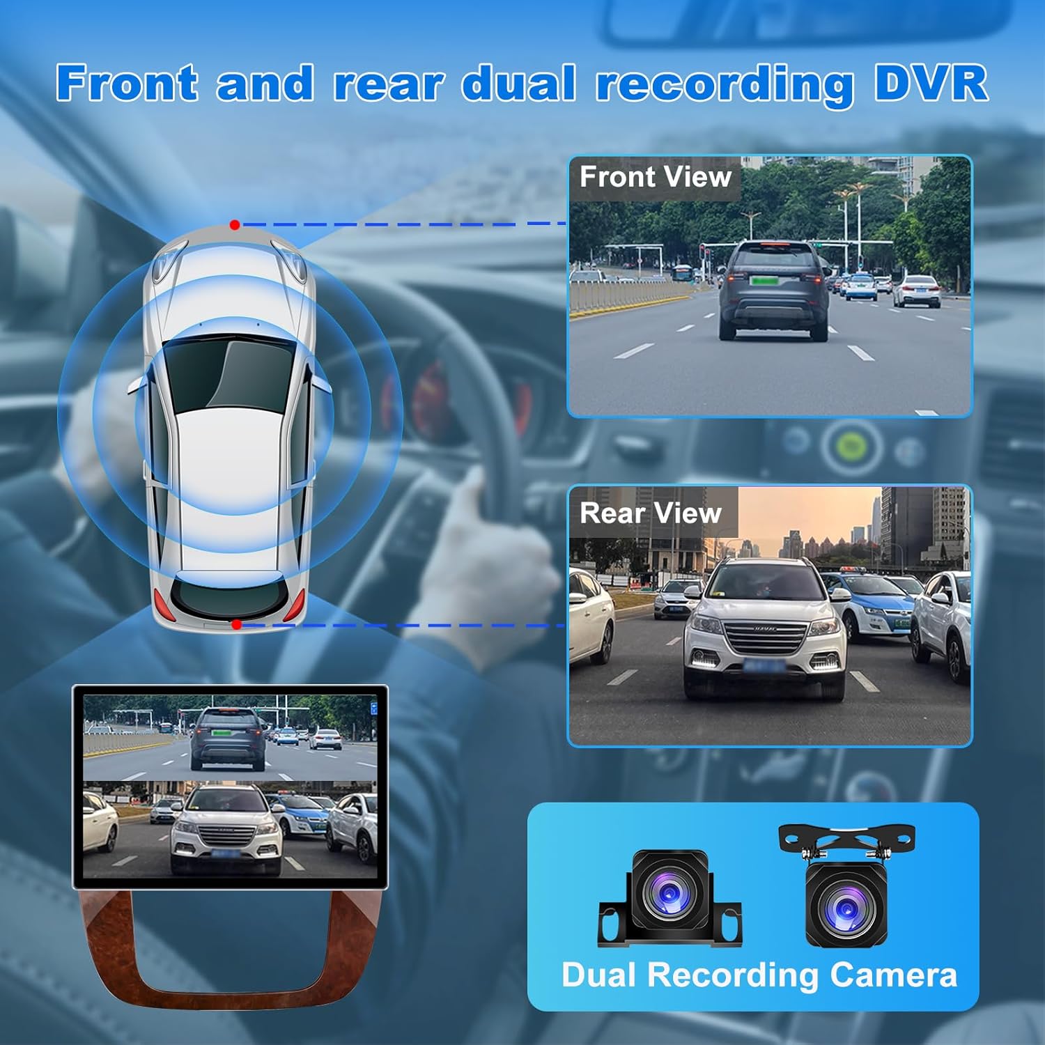 Diagram showing a car with front and rear cameras, and the car stereo displaying live feeds from both cameras.