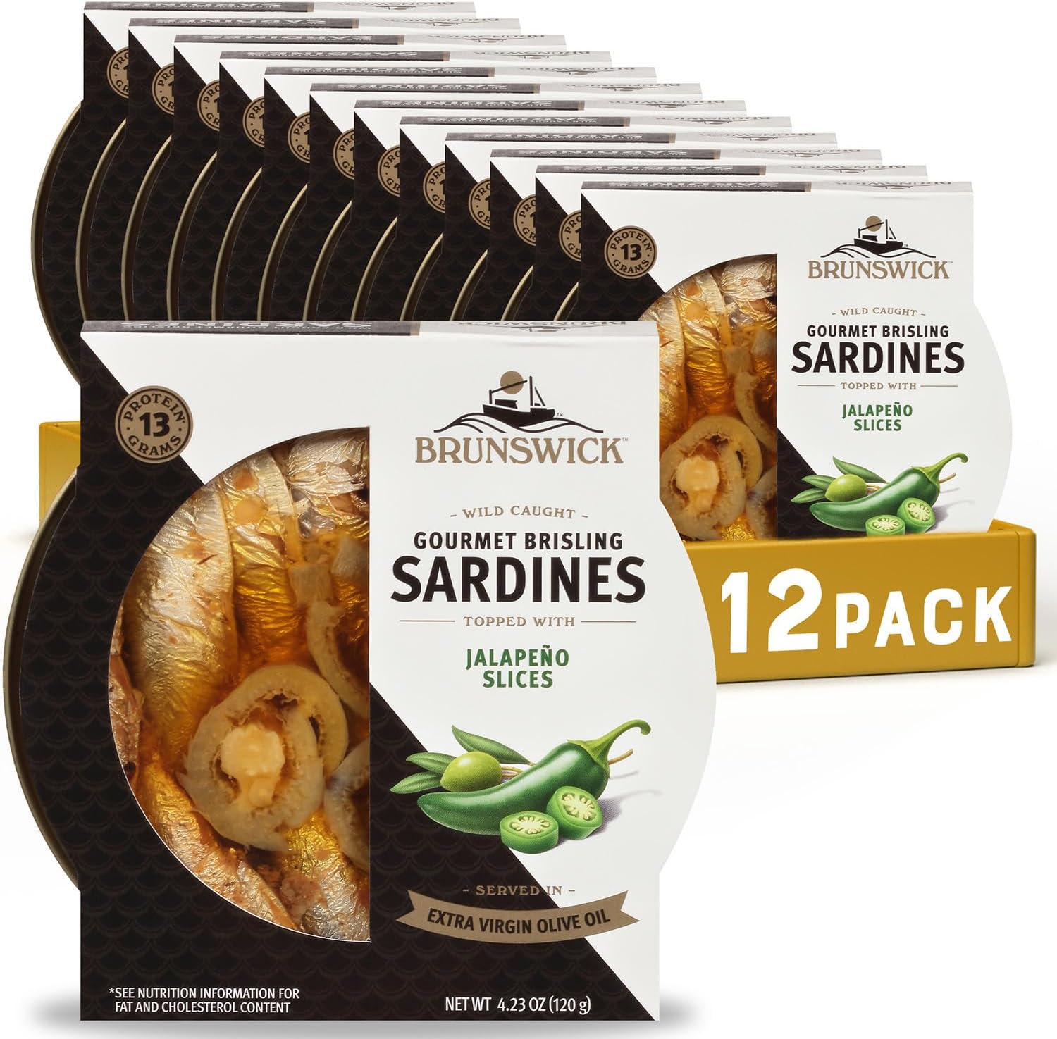 Brunswick Wild Caught Gourmet Brisling Sardines in Extra Virgin Olive Oil Topped with Jalapeno Slices,4.23 oz Can (Pack of 12)- Wild Caught Sardines- 13g Protein per Serving- Gluten No,Keto Friendly