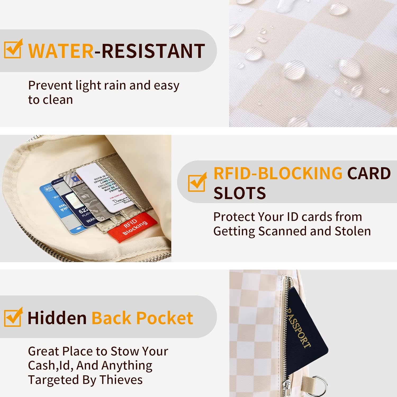 Small Checkered Sling Bag for Women, RFID Crossbody Bags Nylon Sling Backpack Purse for Travel (Beige Checkered) - Image 4