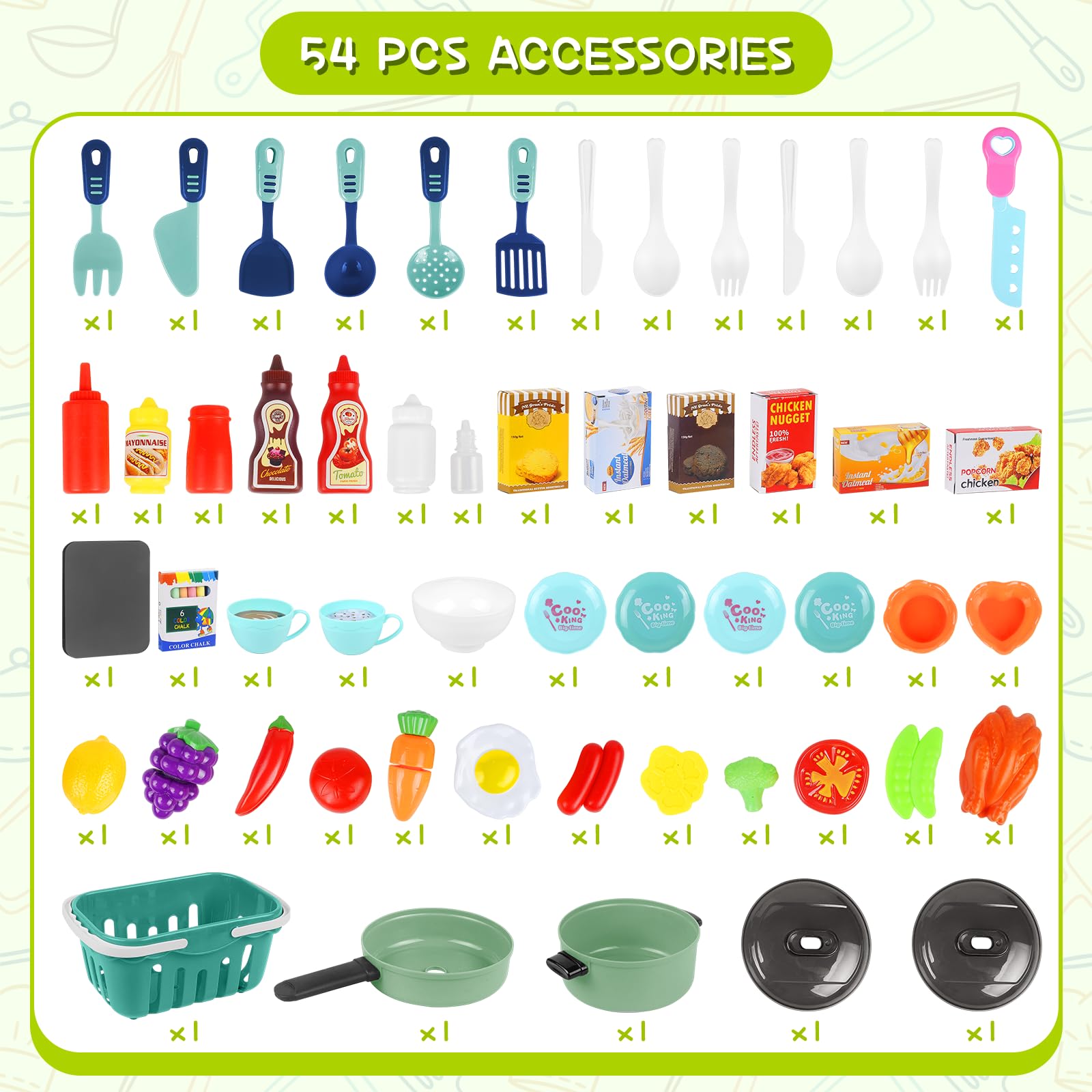 deAO Cucina Giocattolo per Bambini - 54PCS Altezza Regolabile Doppio Lato Gioco di Ruolo da Cucina con Luce Suono Acqua Vapore Frigorifero Lavastoviglie e Accessori | Verde