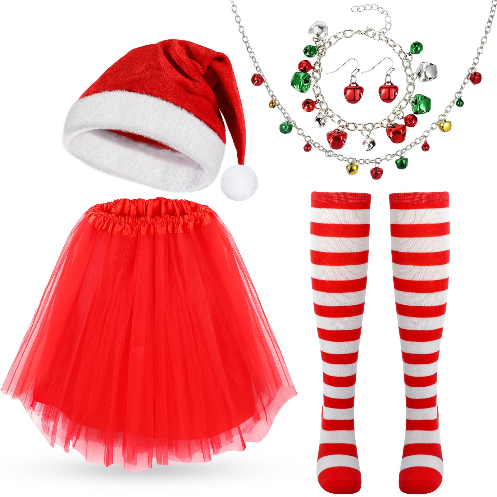 Hifot 6 Pack Christmas Costumes for Women, Santa Hat, Red Tutu, Striped Knee High Socks