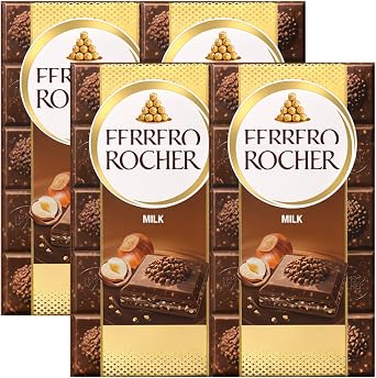 Ferrero Rocher Milk Chocolate Bar, 3.2 oz 90 g x 4 Pieces, For Presents, Sweet Sweets, Valentines Day, Luxury Chocolate