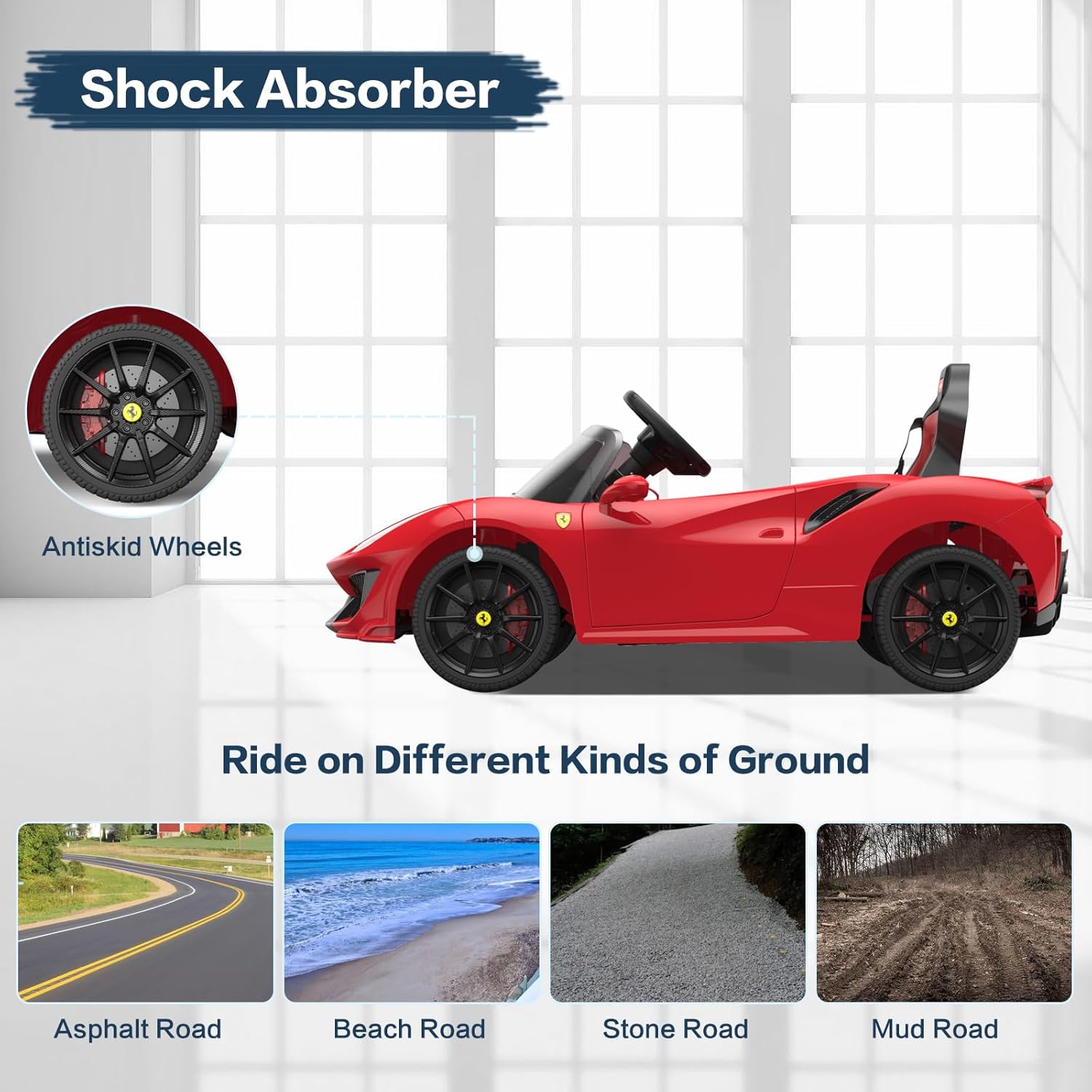 Licensed Ferrari 488 Pista Spider Ride On Car with Speaker, 12V Battery Powered Kids Electric Car, Remote Control, Openable Doors, Leather Seat, Braking System, Spring Suspension, Light, Red