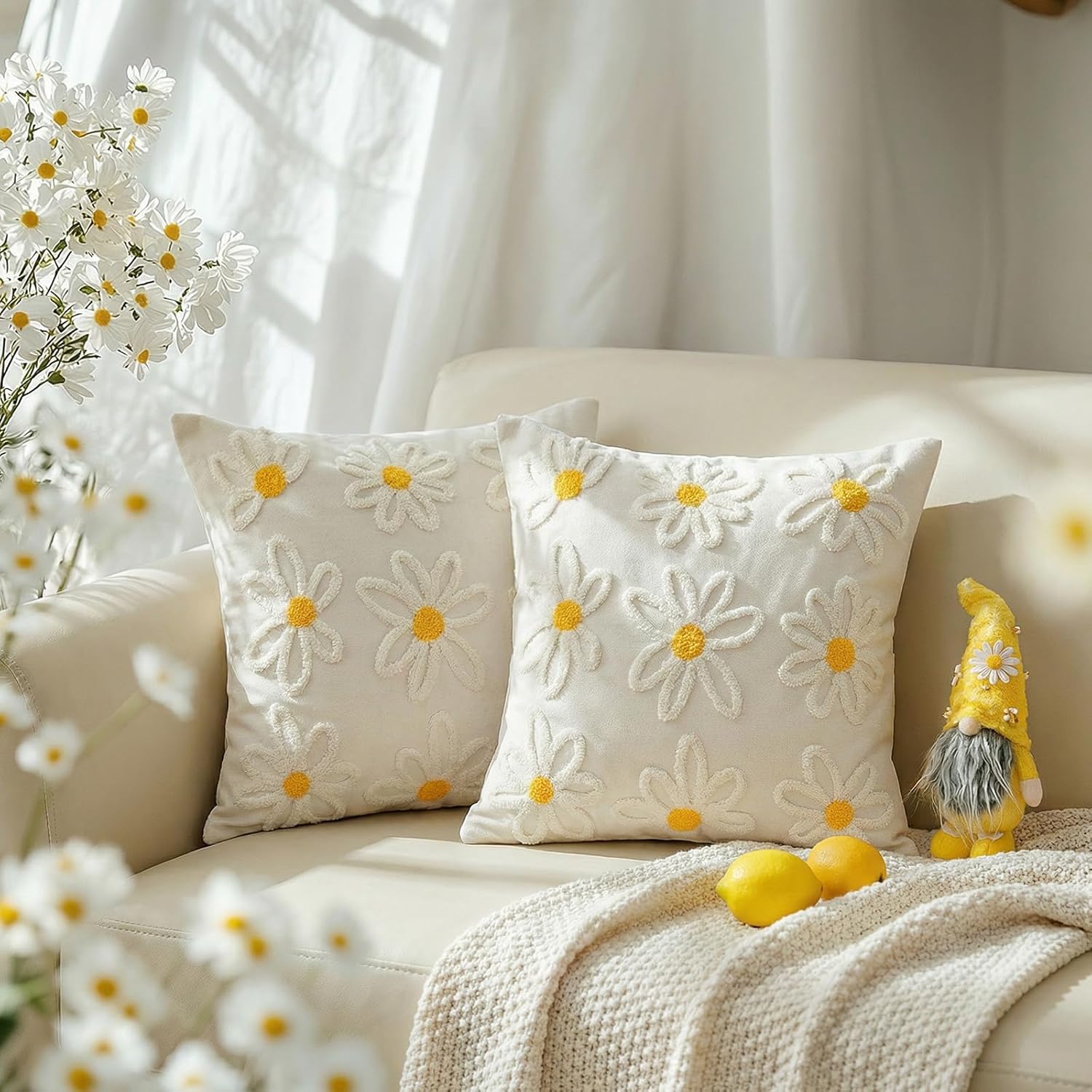 GEEORY 2-Pack 20x20 Inch Daisy Embroidered Cotton Pillow Cover | Farmhouse Spring Summer Home Decor | Durable Canvas Cushion Case for Living Room, Sofa & Bed