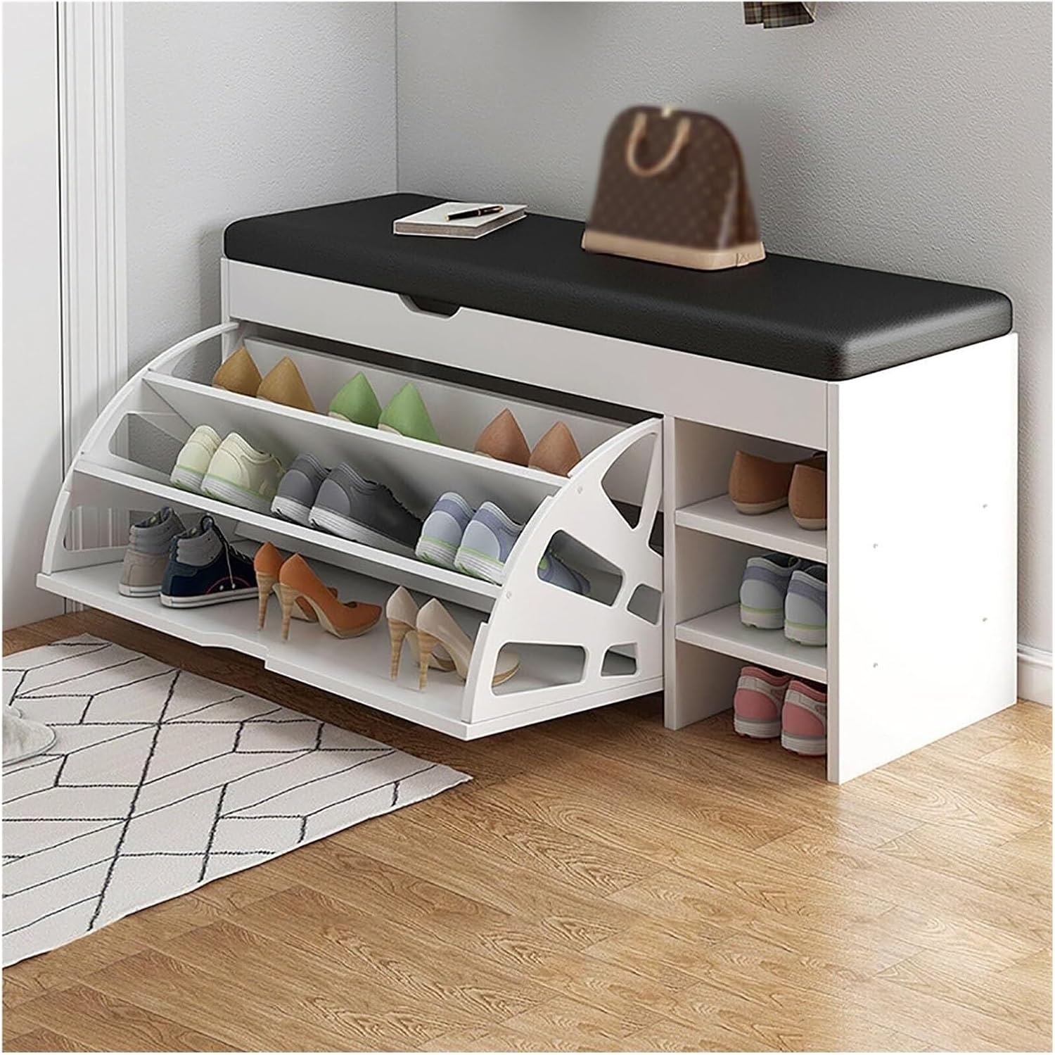 Shoe Storage Cabinet Cabinets Hallway Slim Cupboard Cupboards Hallways Slimline，Entryway Shoe Storage Bench with Cushion Seat, Wooden Cabinet for Hidden Shoes, Free Standing Shoe with Flip D