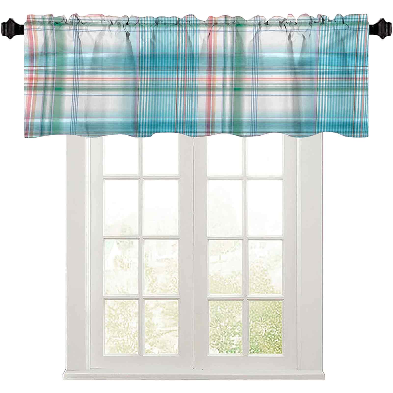 Alisoso Valance Curtains, Pastel White Blue Checkered Pattern with Pink Strips Fresh Summer Design, Kitchen valances for Windows, Aqua Turquoise Pink (36inchW x 18inchL,K91 x H46cm)