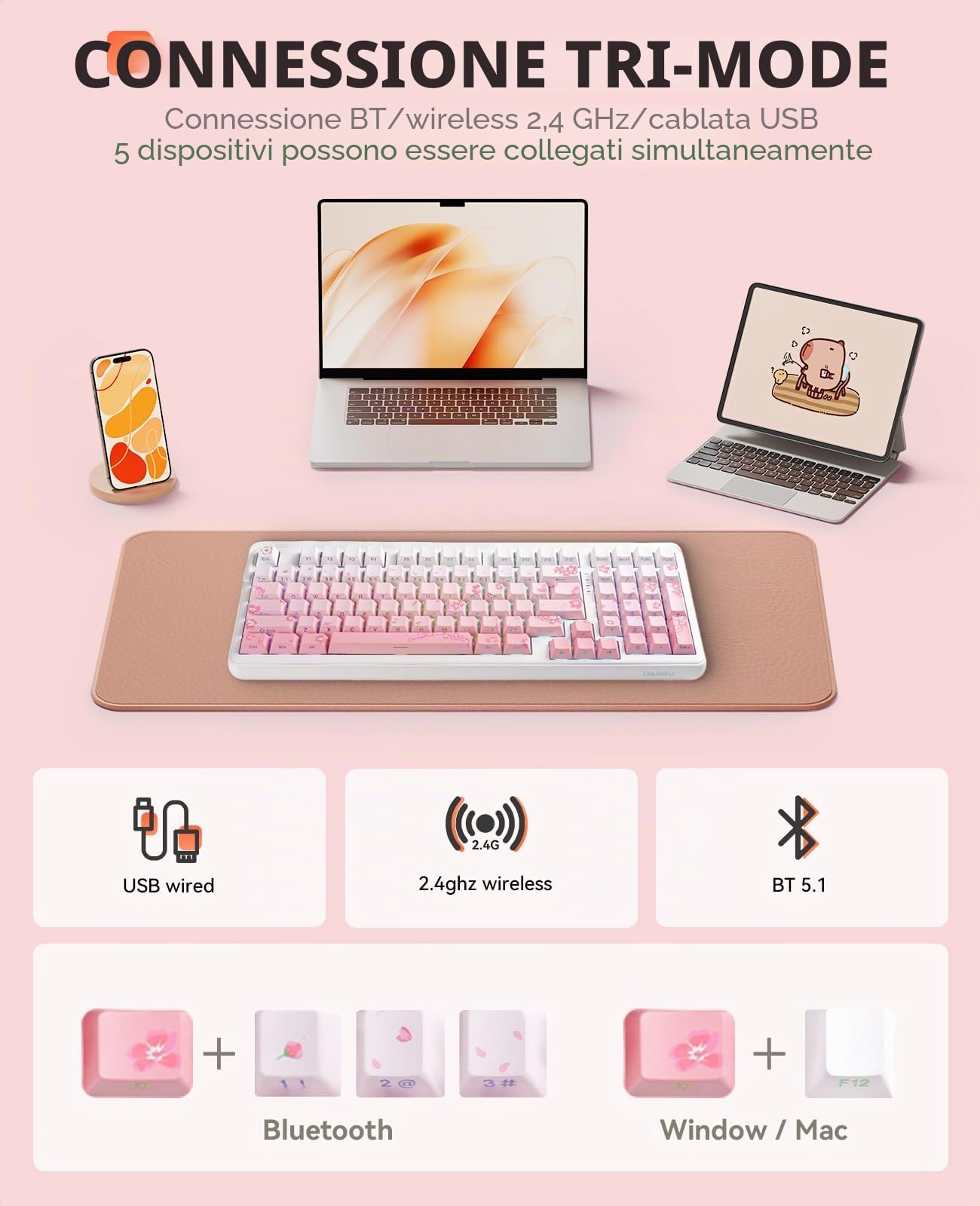 DAREU EK98PRO Sakura Rosa Tastiera meccanica gaming, tripla modalità BT/2,4GHz/USB-C, interruttori lineari pre-lubrificati, personalizzabile con sostituzione a caldo per Win/Mac