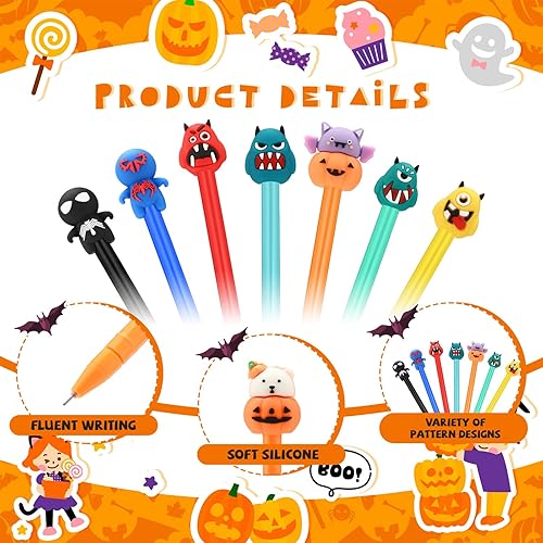 Miniatura 4 de Yeaqee 120 bolígrafos de Halloween con diseño de calabaza, calavera, murciélago, rollerball en lindos dibujos animados de 0.020 in a granel para
