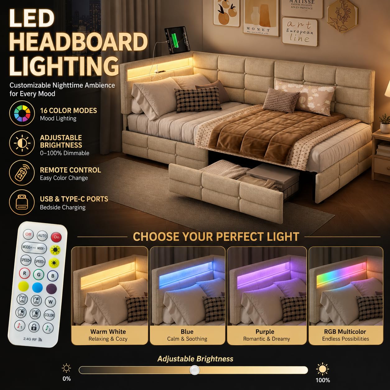 BRILVERDE Cama con almacenamiento de 90 x 200 cm con cajones, cama acolchada con luz LED/USB, sofá cama con cabecero contenedor, somier de láminas, lino (beige, 90 x 200 cm)